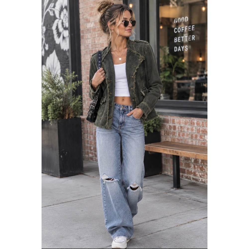 Savanna Jane sz M Military Denim Jacket Frayed Raw Edge Olive Green Boho